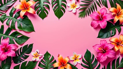 Wall Mural - Flat lay of tropical flowers and leaves arranged on a pink background, empty space place for text banner.