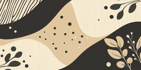 Wall Mural - Shapes in beige and black, with elements of nature like leaves or dots, creating an elegant pattern for decoration on wallpaper or textile designs