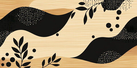 Wall Mural - A wood grain pattern with black ink designs, featuring leaves and dots in an abstract style. The background is a light brown wooden texture
