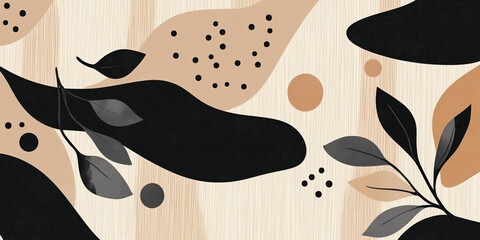 Wall Mural - Shapes and leaves in beige, black, and gray tones on a light wood background