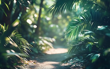 Poster - Background of a Jungle Trail with Dense Foliage and Soft Bokeh Effect