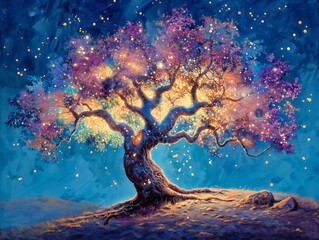 Wall Mural - A tree with purple leaves is lit up with lights. The tree is surrounded by a dark background