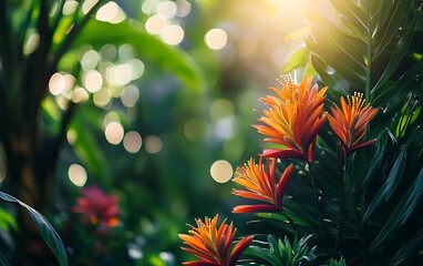 Poster - Background with Vibrant Tropical Flowers and Dark Green Jungle Leaves