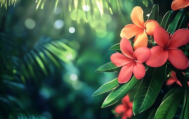 Poster - Background with Vibrant Tropical Flowers and Dark Green Jungle Leaves