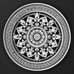 Vector round floral monochrome classic ornament. Greek meander. Patterns of Greece and ancient Rome. European border in a circle.