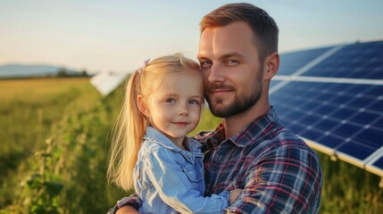 Father with his little daughter standing at solar panels, Alternative energy, saving resources and sustainable lifestyle concept.