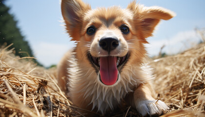 Wall Mural - Cute puppy playing in the grass, enjoying the summer sun generated by AI