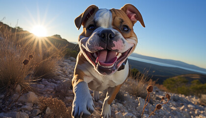 Wall Mural - Cute bulldog enjoys nature, playful and cheerful in the sun generated by AI