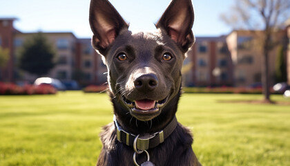 Poster - Cute terrier puppy sitting on grass, looking at camera generated by AI