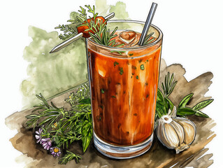 A glass of red drink with a straw and some herbs on the table. The drink is garnished with parsley and basil