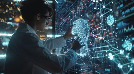 Poster - A man in a lab coat is pointing at a computer screen with a brain on it