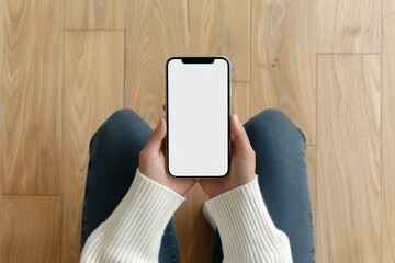 woman sits on a bench holding a phone with a blank white screen in her hand. It is a top view