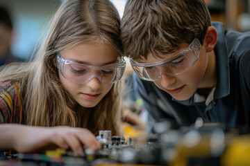 Wall Mural - Focused teenage girl and boy in a science classroom, using safety glasses and collaborating on an electronic device, delving into its inner mechanisms. Detailed, realistic artwork.