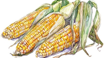 Wall Mural - Golden Harvest: Watercolor Hand-drawn Sweet Corn Cob on White Background