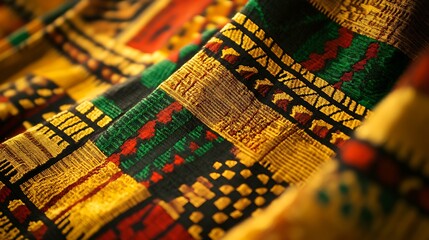 Poster - Detailed Close-Up of Kente Cloth from Ghana with Vibrant Geometric Patterns