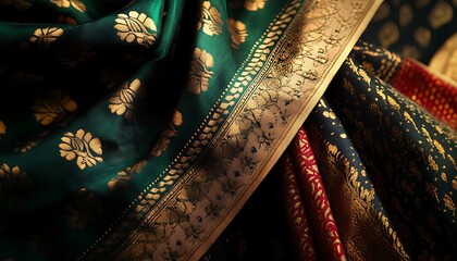 Poster - Background Featuring Indian Silk Sari with Luxurious Fabric and Gold Embroidery