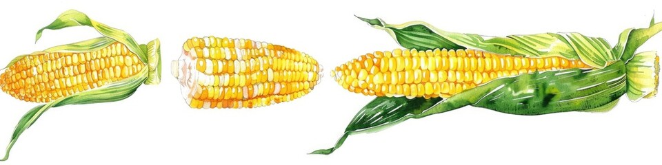 Sticker - Hand-drawn Fresh Corn Watercolor Set on White Background