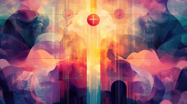 Colorful abstract illustration of religious emblems merging seamlessly into a serene, ethereal backdrop