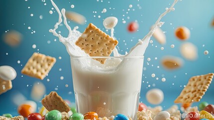 Energetic splash of milk from a glass, with crackers and candy pieces scattered, creating a fun and appetizing visual for snack-related content.