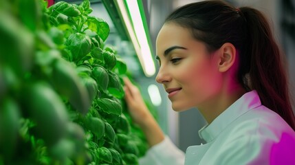 Wall Mural - Young woman tending to basil plants in a modern indoor garden during afternoon hours