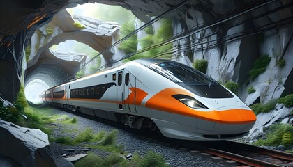 Wall Mural - The modern high-speed railway passes through the tunnel, and the front shines brightly, demonstrating the combination of technology and nature.