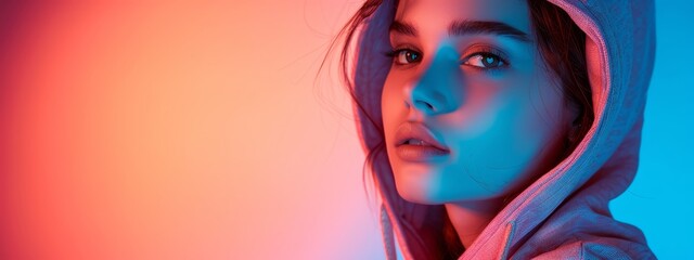 Wall Mural -  A woman in a hoodie gazes into the distance against a backdrop of blue and pink light