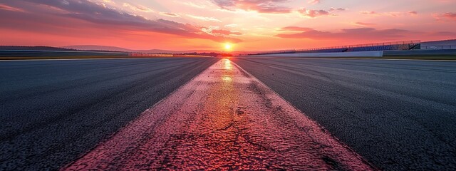 Poster -  The sun sets over the airport runway's horizon, dividing it with a painted middle line