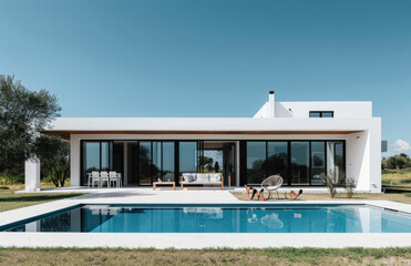 modern minimalist villa in Ibiza with a large pool and garden, white walls, big windows, a concrete floor, a flat roof terrace, palm trees, green grass, green plants