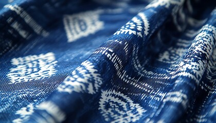Poster - Close-Up of Ikat Fabric from Southeast Asia with Intricate Indigo Patterns