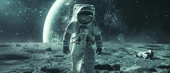 Wall Mural - a determined astronaut on the moon, surrounded by craters and planets, embodies exploration and a fu