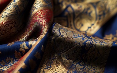 Poster - Detailed Shot of Handwoven Sari from India with Intricate Gold Patterns