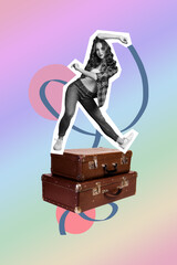 Poster - Composite collage image of funny female dancing pile valise travel discotheque freak bizarre unusual fantasy