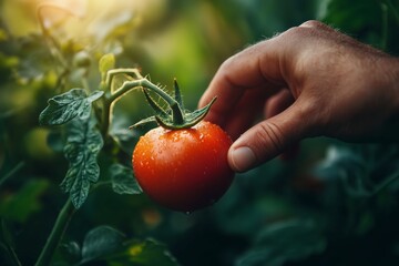 Sticker - Hand picking a ripe tomato from a garden in sunlight during late summer