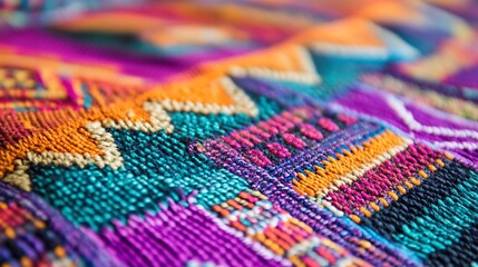 Poster - Close-Up of Traditional Handwoven Textile from Guatemala with Vibrant Geometric Patterns