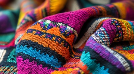 Poster - Close-Up of Traditional Handwoven Textile from Guatemala with Vibrant Geometric Patterns