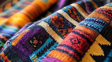 Poster - Close-Up of Traditional Handwoven Textile from Guatemala with Vibrant Geometric Patterns