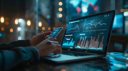 Aufkleber - A person is using a laptop and a cell phone to look at graphs and charts