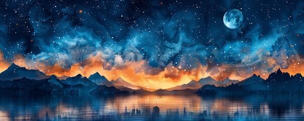 Watercolor abstract evening sky with stars and moon on white.