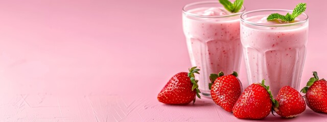 Sticker -  A collection of strawberries adjacent to two milkshakes on a pink tabletop, garnished with a mint sprig