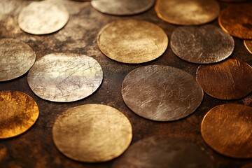 Poster - Circular patterns of gold and silver blend seamlessly, creating an elegant display on a textured surface illuminated by soft, natural light