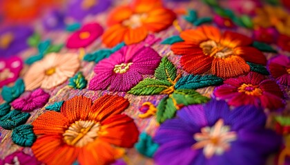 Poster - Detailed Shot of Traditional Indian Phulkari Embroidery with Vibrant Floral Patterns
