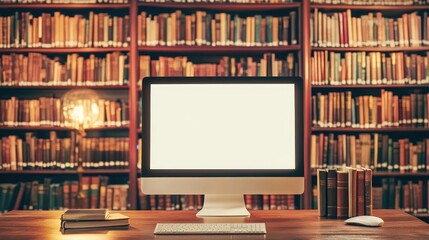Poster - A computer with a blank screen on a work desk, set against a backdrop of library bookshelves, perfect for mockup designs.