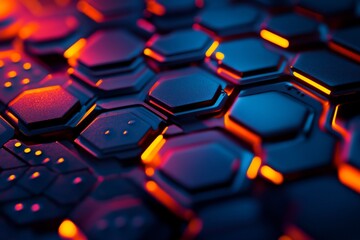 Poster - Dark hexagons form an abstract pattern, enhanced by vibrant lighting, creating a striking visual effect on the textured surface