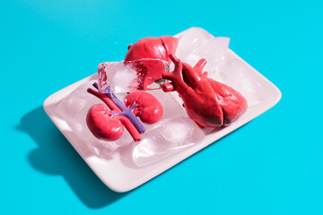 Realistic Organ Models on Ice Plate Against Blue Background