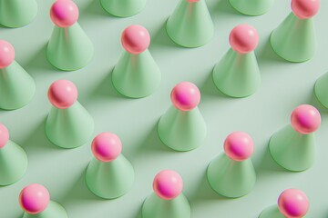 3d render of many small green cone shapes with pink sphere