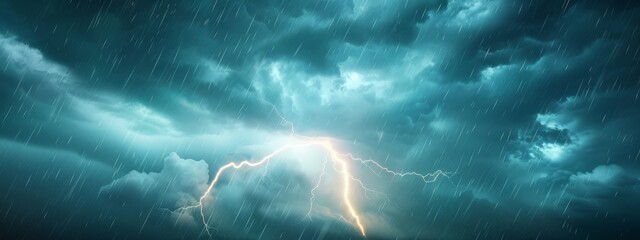  A lightning bolt piercing a dark, cloud-filled sky, its electric path cutting through the night's densest clouds