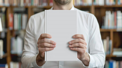 white blank book cover mockup in man hands on library background