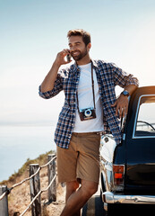 Poster - Man, road trip and phone call with smartphone by car for navigation update and conversation for route or directions. Person, happy and camera for travel documentation, adventure and talking with view