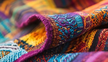 Poster - Close-Up of Woven Textile from Guatemala with Vibrant Colors and Intricate Patterns
