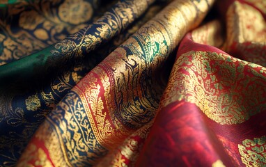 Poster - Detailed Shot of Traditional Thai Silk with Rich Colors and Gold Accents